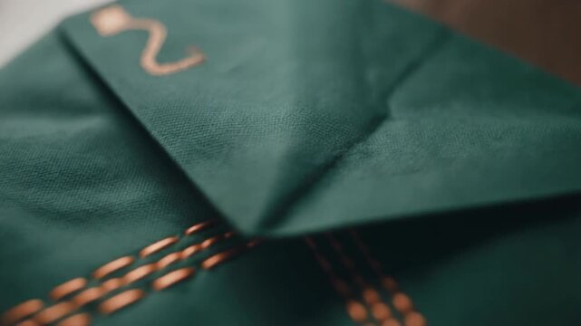 Close-up of a reusable green envelope with intricate gold stitching details