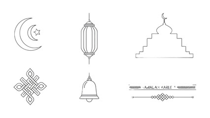 Ramadan Icons: Delicate line art representing the core symbols of Ramadan and Islamic celebrations, conveying spirituality, peace, and cultural richness.