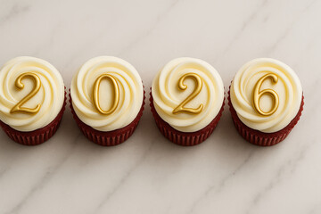 2026 number cupcakes with creamy frosting on marble surface