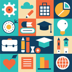 A collection of colorful flat design icons representing education and business concepts