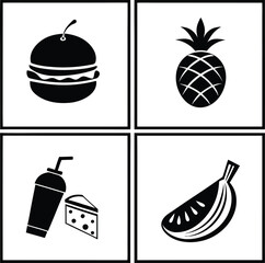 A collection of minimalist black and white icons featuring various food items and drinks