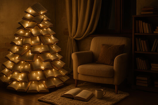 Cozy reading nook with book tree and warm lighting