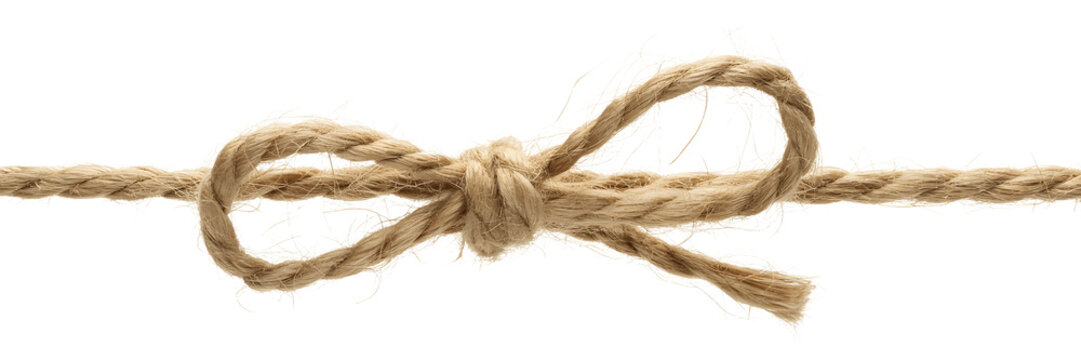 A neatly tied bow on a length of brown rope isolated on transparent background