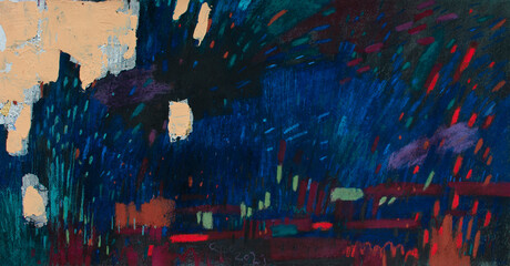 Abstract festive night background with fireworks-like strokes. Dark blue texture with red, gold and green accents. Handmade dry pastel artwork for holiday banners, posters, greeting cards.