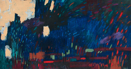 Abstract festive night background with fireworks-like strokes. Dark blue texture with red, gold and green accents. Handmade dry pastel artwork for holiday banners, posters, greeting cards.