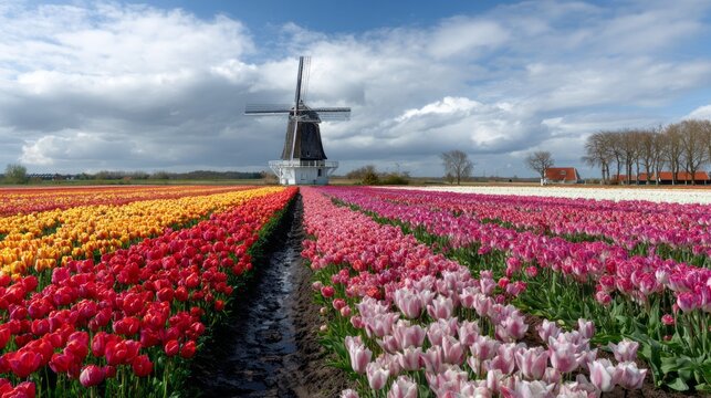 Colorful tulip fields stretch across the landscape, embracing a classic windmill. The gentle spring breeze dances through the blossoms while clouds drift lazily above - Powered by Adobe