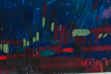 Abstract festive night background with fireworks-like strokes. Dark blue texture with red, gold and green accents. Handmade dry pastel artwork for holiday banners, posters, greeting cards.