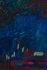 Abstract festive night background with fireworks-like strokes. Dark blue texture with red, gold and green accents. Handmade dry pastel artwork for holiday banners, posters, greeting cards.