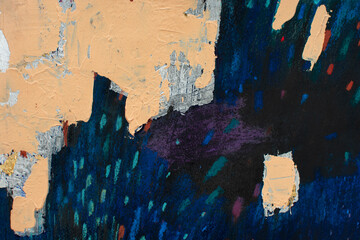 Abstract festive night background with fireworks-like strokes. Dark blue texture with red, gold and green accents. Handmade dry pastel artwork for holiday banners, posters, greeting cards.