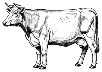 a black and white drawing of a bull standing on a , black, bull, cattle, cow, draw, drawing, illustration, sketch, stand, against transparent background