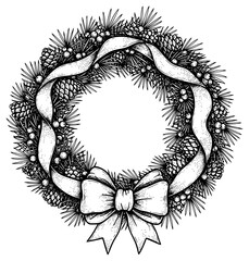 a black and white drawing of a wreath with pine cones, black, bow, drawing, pine cone, ribbon, round, wreath, against transparent background