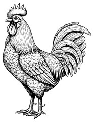 a drawing of a rooster in black and white ink, black, chicken, drawing, illustration, ink, rooster, step, against transparent background © Alloca Design Studio