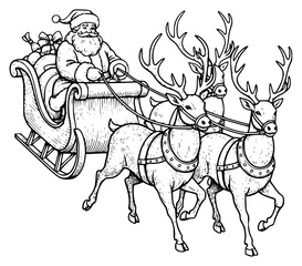 a black and white drawing of deer pulling a sleigh with gifts, black, cart, deer, drawing, gift, illustration, pull, reindeer, ride, sleigh, against transparent background