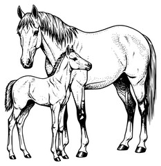 a black and white drawing of a mare and foal, black, drawing, foal, horse, mare, mother, picture, stand, against transparent background