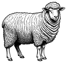 a black and white drawing of a sheep, black, drawing, illustration, sheep, stand, against transparent background