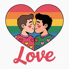 Colorful LGBTQ+ Love Art with Two Men Kissing Inside a Rainbow Heart