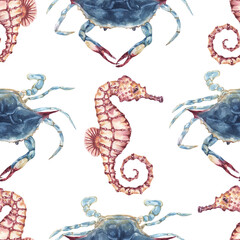 Watercolor hand painted Sea Animals Seamless Pattern, Crab, and seahorse repeating pattern, ocean wild life background