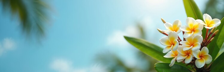 Obraz premium White and yellow plumeria flowers bloom with green leaves against bright blue sky. Gentle sunlight filters through palm fronds on tropical island. Peaceful nature scene.