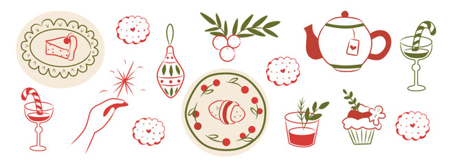 Whimsical Christmas doodle line art festive and holiday icon. Green, red elements illustrations for sale, promotion, branding, labels, posters, cards, invitation, greeting card, social media.