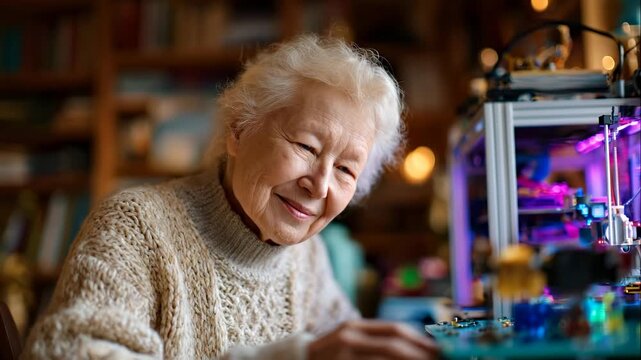 Happy Elderly Woman Engages with a Modern 3D Printer, Exploring Technology and Innovation at Home
