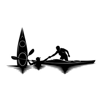 Silhouette of kayaker assisting another capsized person in water.