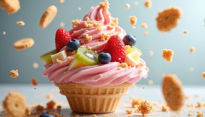 Pink frozen yogurt swirl piled high with fresh fruit like strawberries blueberries and kiwi served in a waffle cone. Cookie crumbles float around sweet dessert treat.