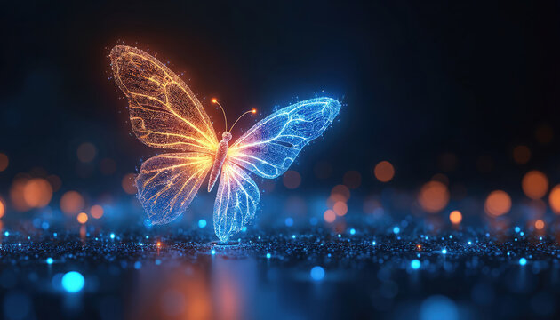 Glowing digital butterfly formed by glowing blue and orange particles hovers over dark surface with bokeh lights. Abstract insect represents transformation and future tech concepts.