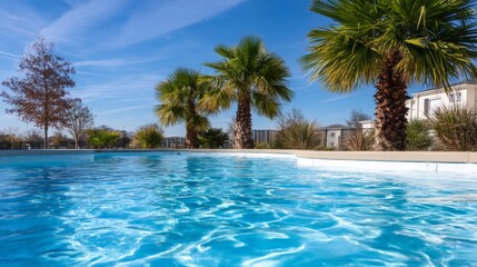 Fototapeta premium The clear turquoise water of a pristine swimming pool glistens in the sunlight, framed by vibrant palm trees and a serene landscape, creating a perfect tropical oasis