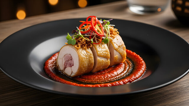 Gourmet sliced chicken roulade with garnish on red sauce.