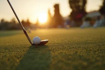 Golfer prepares to swing club at sunset on green turf with white ball waiting for a perfect shot in warm evening light