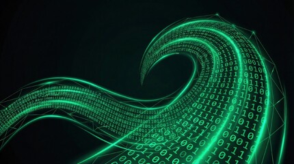 Binary Code Abstraction. A 3D wave composed entirely of small, luminous, emerald-green binary zeros and ones (0s and 1s), flowing against a pitch-black background.