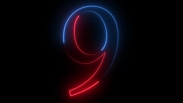 Animated neon number 9. Two-color looping trendy glowing neon numeric number nine. Educational mathematics concept with neon letter