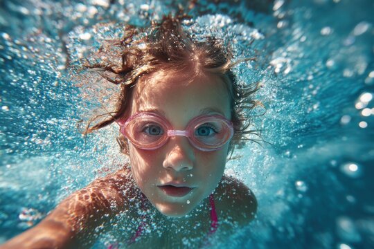 Young girl swims underwater in a bright, blue pool during a sunny summer day, enjoying the refreshing water and vibrant environment around her - Powered by Adobe