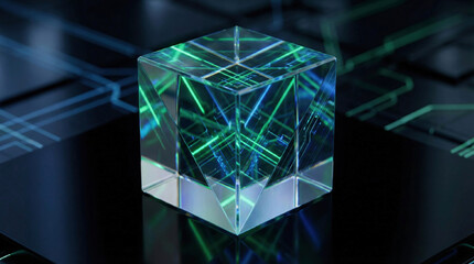 Crystal Data Structure. Macro shot of a single, perfectly formed, multifaceted transparent crystal prism, internally reflecting green and blue light beams. Placed on a black surface.