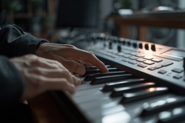 Obraz premium Asian male producer arranges song on MIDI keyboard in a home studio during late afternoon to create unique sounds