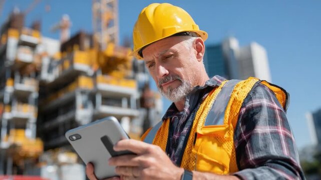 Construction Supervisor: An experienced construction supervisor meticulously reviews plans on a digital tablet at a modern construction site. Capturing dedication and diligence in action.