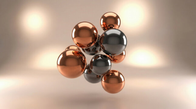 Metallic Spheres Collision. 3D render of a dynamic arrangement of polished copper and dark grey metallic spheres suspended mid-motion. High reflection, warm studio lighting