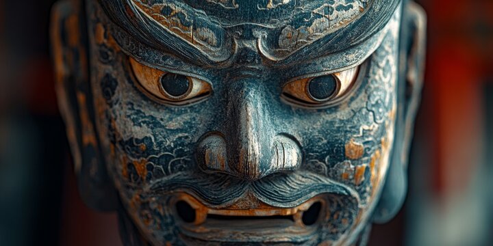 Traditional japanese noh mask representing a fierce deity, embodying ancient mythology