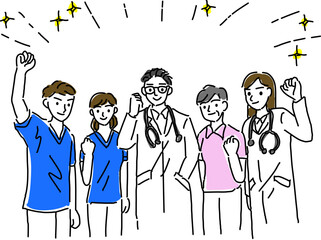 笑顔でガッツポーズする医療従事者たち手描き線画