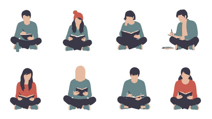 Diverse individuals engaged in the act of reading, seated cross-legged and absorbed in their books and journals