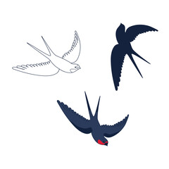 Swallows in flight. A collection of black and white bird silhouettes.