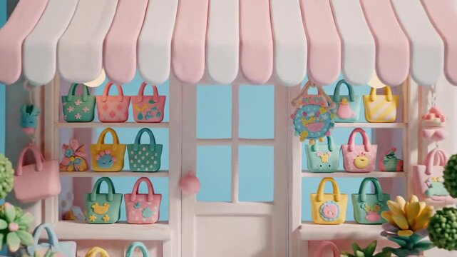 Miniature pink boutique store with bags.