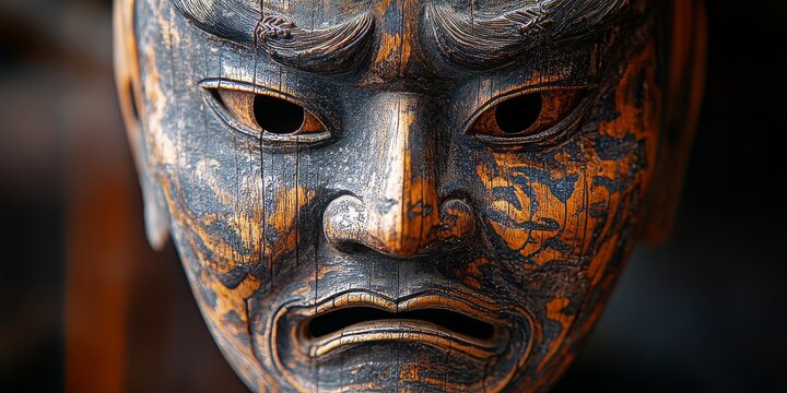 Close up of traditional japanese noh mask expressing anger
