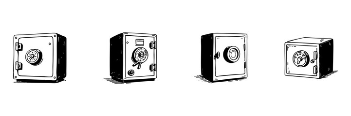 Safe Box Doodle Sketch Set. Security And Protection In Hand Drawn Style Collection. Financial Safety And Asset Protection. Hand Drawn Isolated Vector Illustration