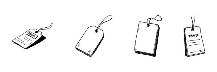 Fototapeta na wymiar Travel Luggage Tags Doodle Sketch Set. Journey Identification And Baggage Labeling In Hand Drawn Style Collection. Travel Organization And Suitcase Accessories. Isolated Vector Illustration