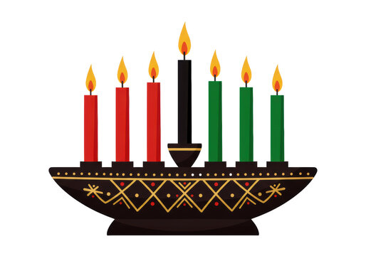 A traditional african american kinara, deep ebony with ornate gold patterns, displays seven lit candles (black, red, green) on a transparent background with copy space. Concept of kwanzaa