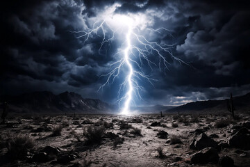 Lightning Strikes Over a Desert Landscape