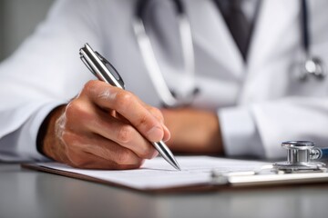 Fototapeta premium Medical doctor in a clinic writing notes with pen on paper during a patient consultation in a well-lit office environment