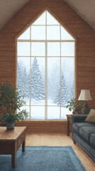Inviting Winter Retreat: A Cozy Living Room with Scenic Views of Snowy Pines and a Warm, Comfortable Ambiance Ideal for Relaxation and Enjoying Nature's Beauty Indoors