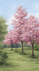 Fototapeta premium Exquisite Spring Blossoms: A Serene Park Landscape with Vibrant Pink Trees Under a Clear Sky in Watercolor Style